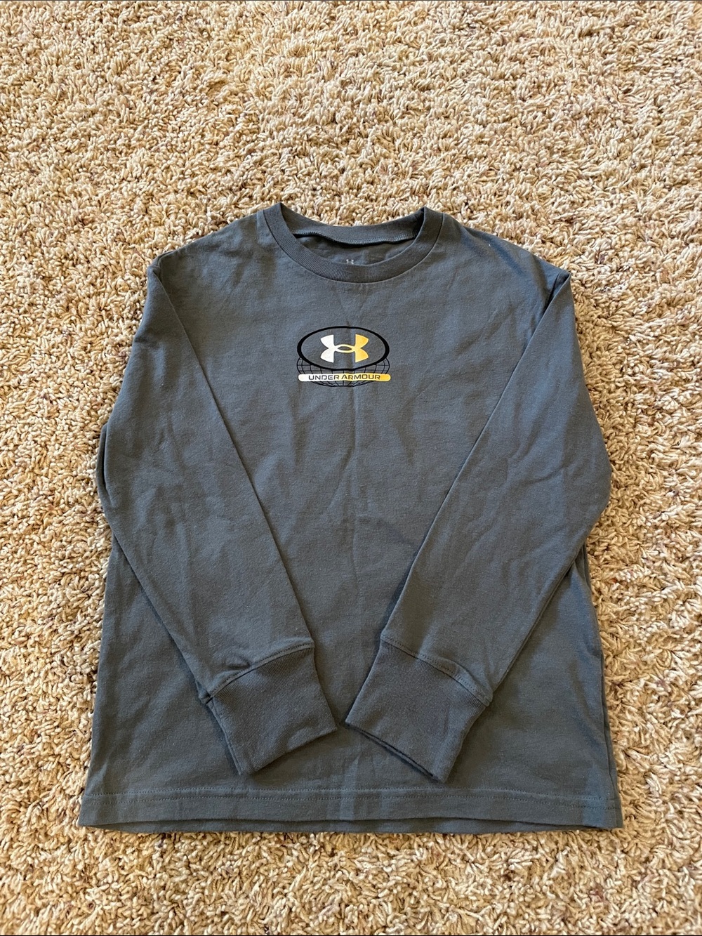 Under Armour Charcoal Long Sleeve Logo Shirt with Yellow Accent - Boys XS